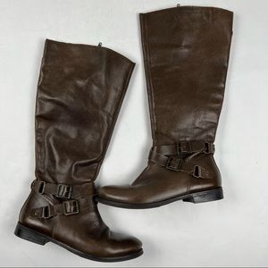 Brown Leather Riding Boots, Faux Wrap Buckle Detail, Low Heel, Size 8